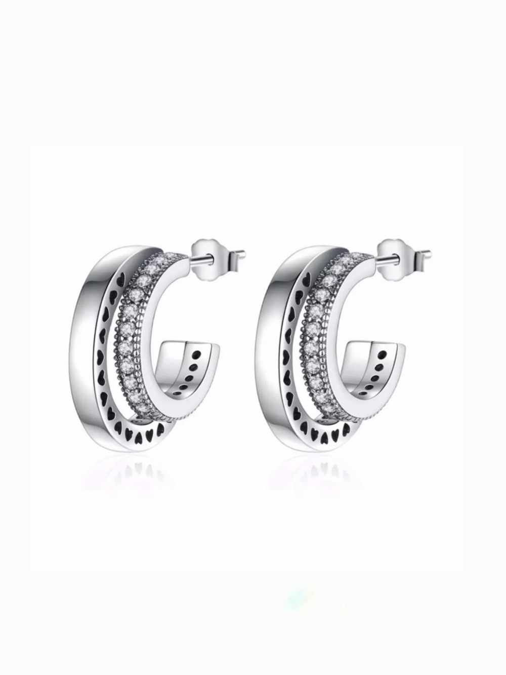 New S925 Sterling Silver Pave Double Hoop Heart Stud Earrings